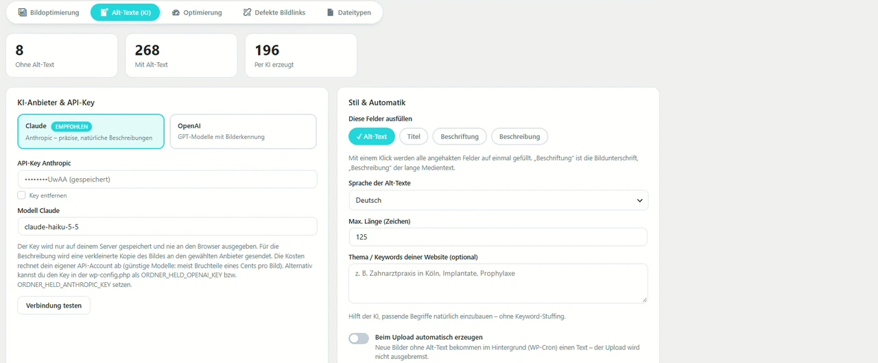 KI-Einstellungen: Anbieter, API-Key, Felder und Sprache